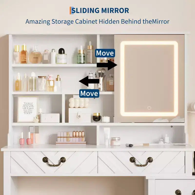 Coiffeuse avec miroir coulissant, Table de maquillage avec tabouret, Coiffeuse moderne extensible, pour Maison, Salon