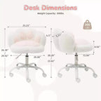 Chaise de vanité avec dossier patte de chat, petite chaise de bureau sans accoudoirs à roulettes, chaise d'ordinateur pivotante à 360° en tissu Teddy, hauteur réglable pour bureau à domicile