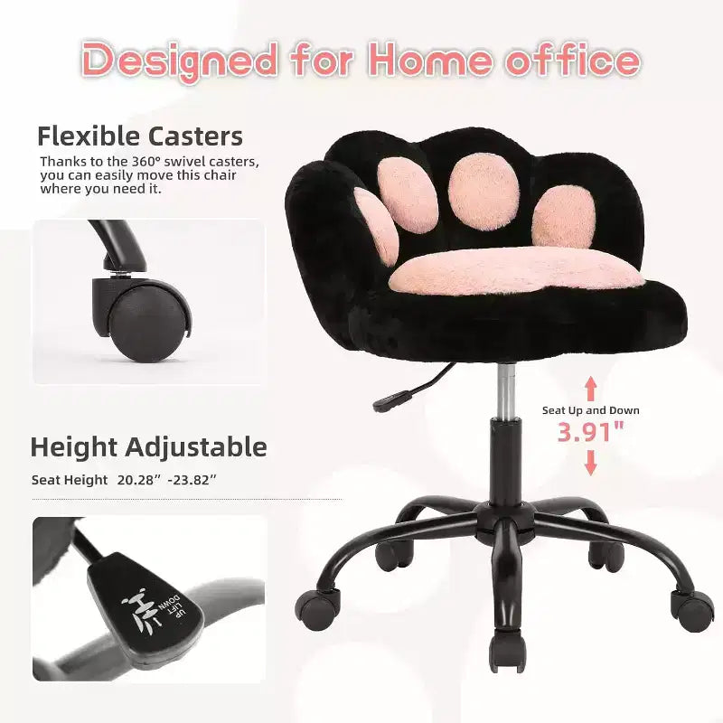 Chaise de vanité avec dossier patte de chat, petite chaise de bureau sans accoudoirs à roulettes, chaise d'ordinateur pivotante à 360° en tissu Teddy, hauteur réglable pour bureau à domicile