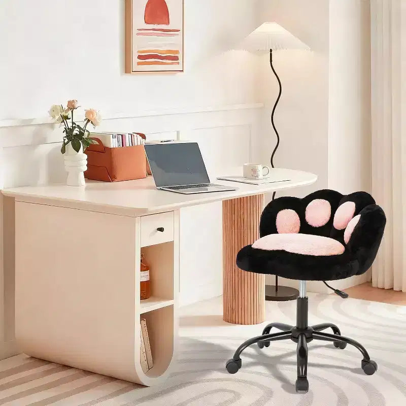 Chaise de vanité avec dossier patte de chat, petite chaise de bureau sans accoudoirs à roulettes, chaise d'ordinateur pivotante à 360° en tissu Teddy, hauteur réglable pour bureau à domicile