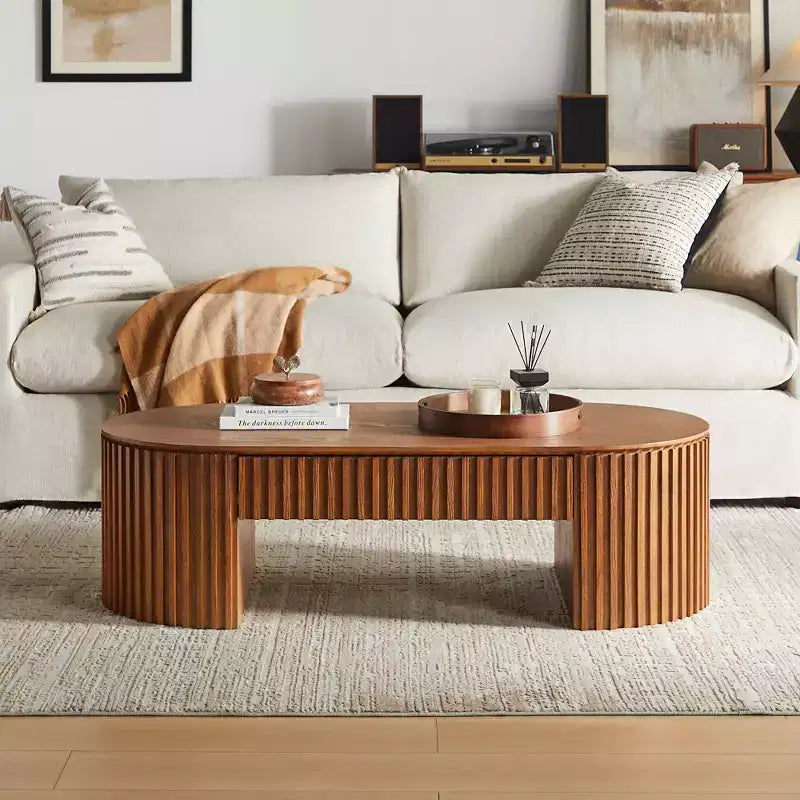 Table basse ovale à piédestal GDFStudio Manuel en bois moderne avec tiroir et relief fait main
