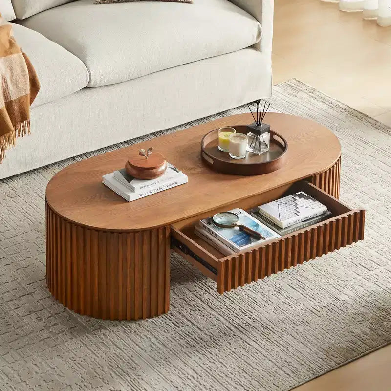 Table basse ovale à piédestal GDFStudio Manuel en bois moderne avec tiroir et relief fait main