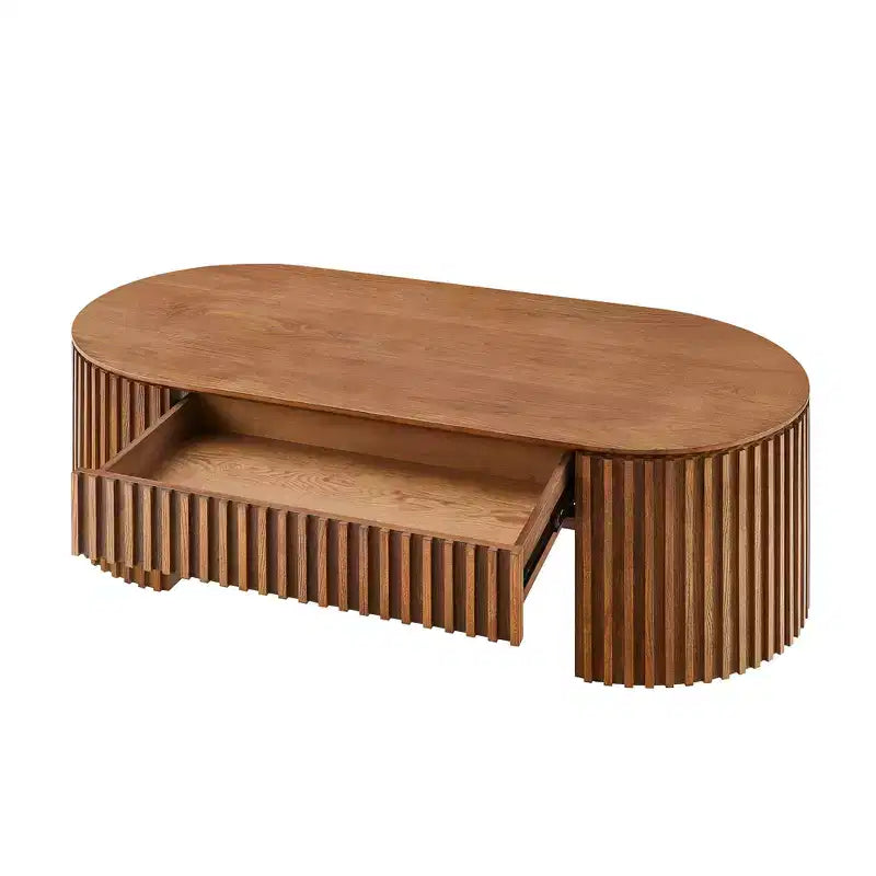 Table basse ovale à piédestal GDFStudio Manuel en bois moderne avec tiroir et relief fait main