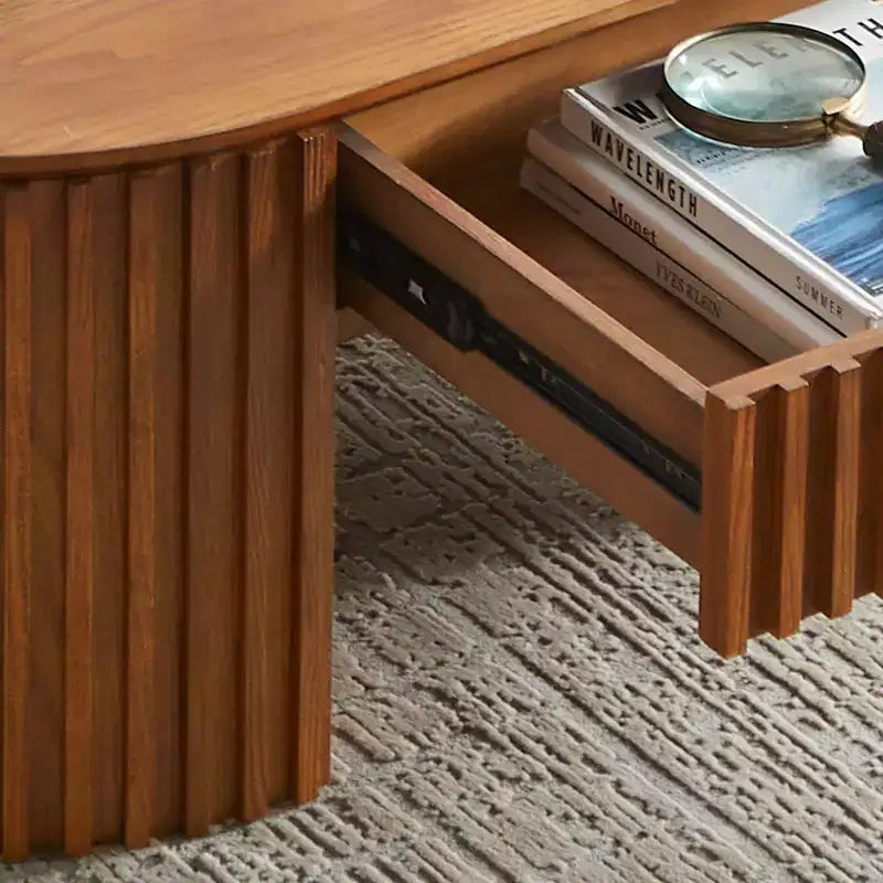 Table basse ovale à piédestal GDFStudio Manuel en bois moderne avec tiroir et relief fait main