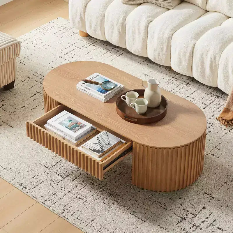 Table basse ovale à piédestal GDFStudio Manuel en bois moderne avec tiroir et relief fait main