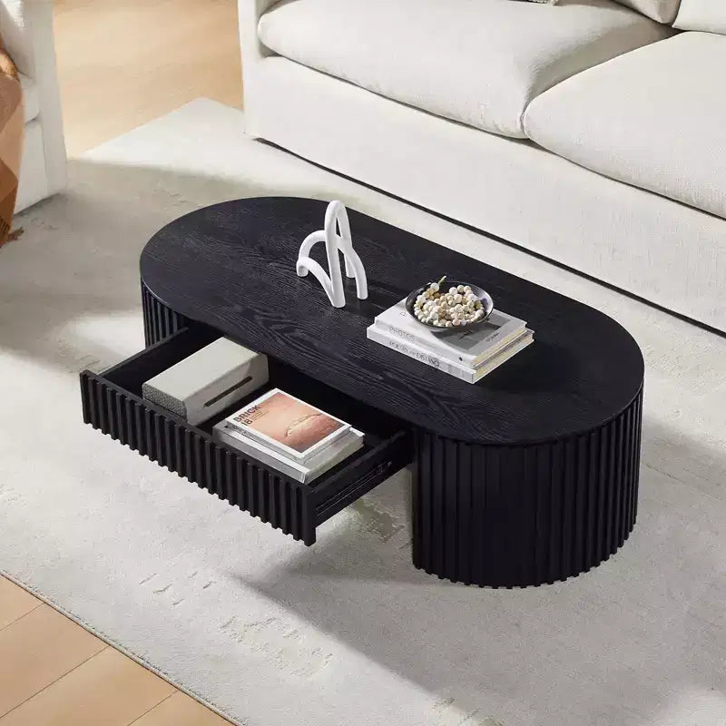 Table basse ovale à piédestal GDFStudio Manuel en bois moderne avec tiroir et relief fait main