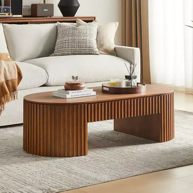 Table basse ovale à piédestal GDFStudio Manuel en bois moderne avec tiroir et relief fait main