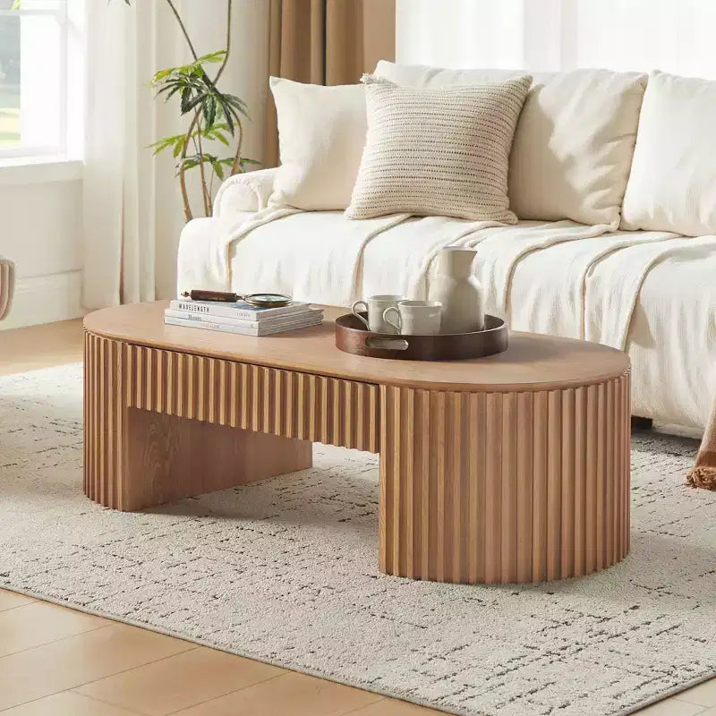 Table basse ovale à piédestal GDFStudio Manuel en bois moderne avec tiroir et relief fait main
