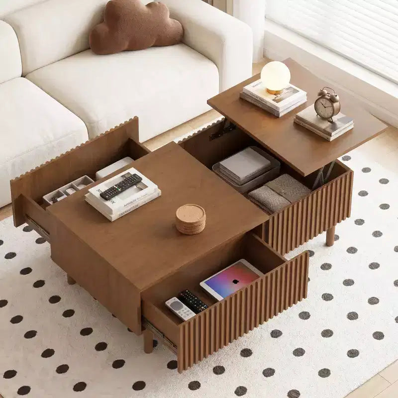 Table Basse Relevable Cannelée Moderne avec Rangement Caché et Tiroirs - Noyer Gaoyangjiaju