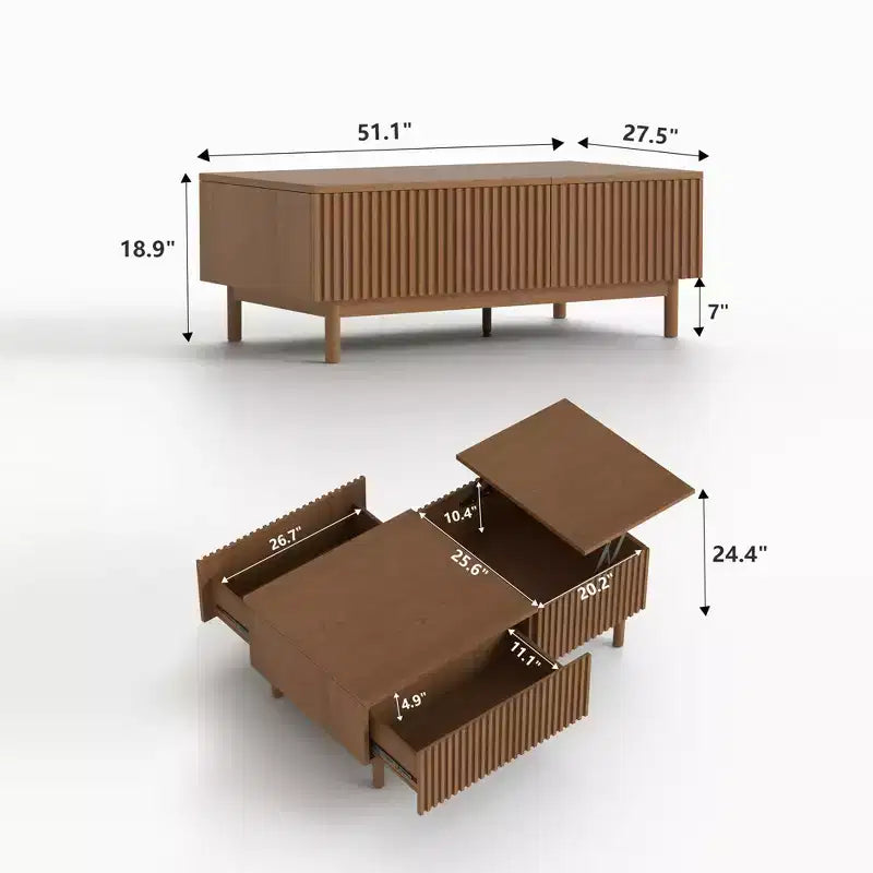 Table Basse Relevable Cannelée Moderne avec Rangement Caché et Tiroirs - Noyer Gaoyangjiaju