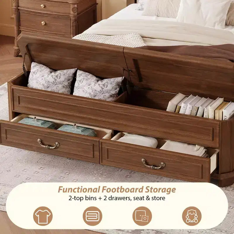 Lit queen size en pin style ferme GDFStudio Leonard avec banc de rangement et 2 grands tiroirs