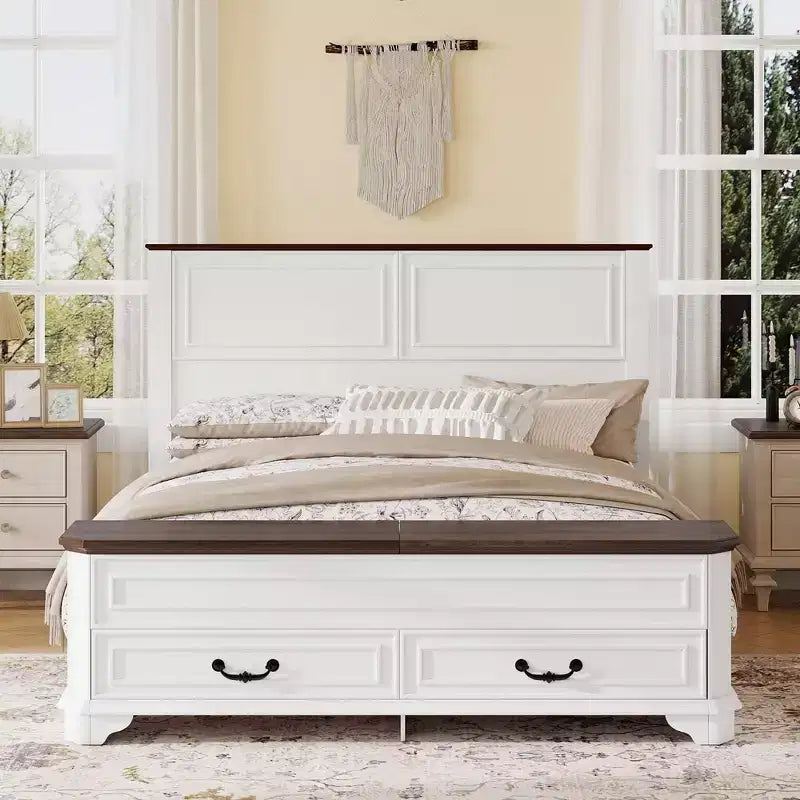 Lit queen size en pin style ferme GDFStudio Leonard avec banc de rangement et 2 grands tiroirs
