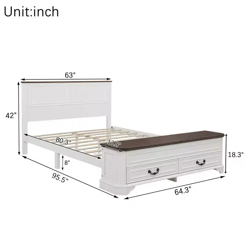 Lit queen size en pin style ferme GDFStudio Leonard avec banc de rangement et 2 grands tiroirs