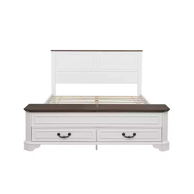 Lit queen size en pin style ferme GDFStudio Leonard avec banc de rangement et 2 grands tiroirs