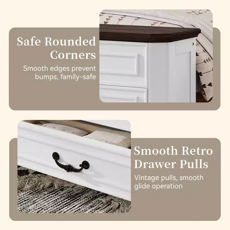 Lit queen size en pin style ferme GDFStudio Leonard avec banc de rangement et 2 grands tiroirs