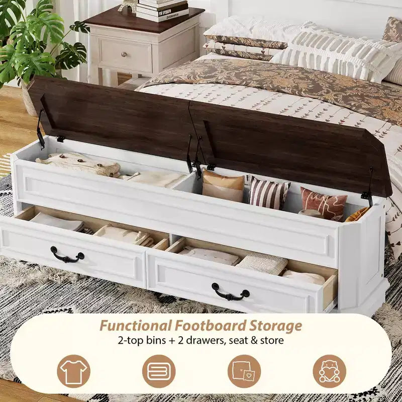 Lit queen size en pin style ferme GDFStudio Leonard avec banc de rangement et 2 grands tiroirs