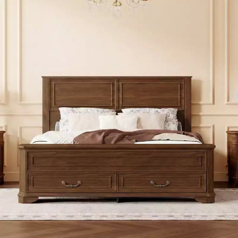 Lit queen size en pin style ferme GDFStudio Leonard avec banc de rangement et 2 grands tiroirs