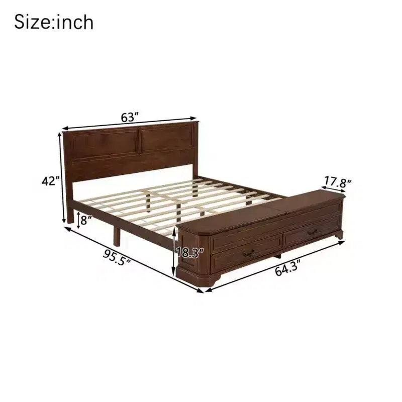 Lit queen size en pin style ferme GDFStudio Leonard avec banc de rangement et 2 grands tiroirs