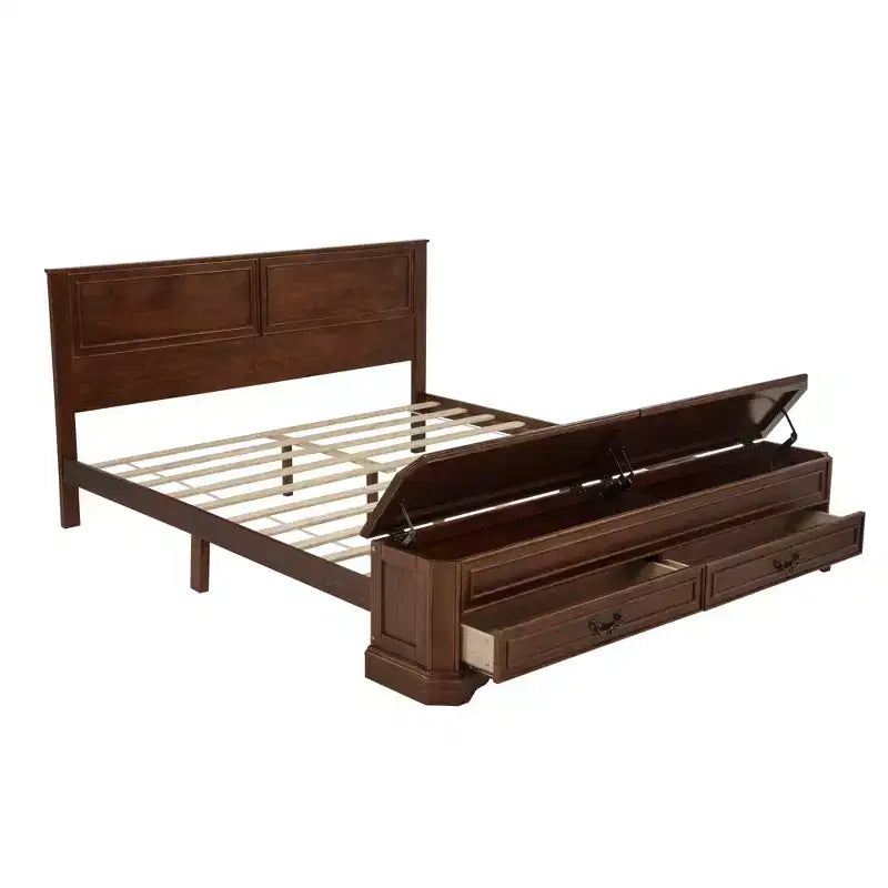 Lit queen size en pin style ferme GDFStudio Leonard avec banc de rangement et 2 grands tiroirs
