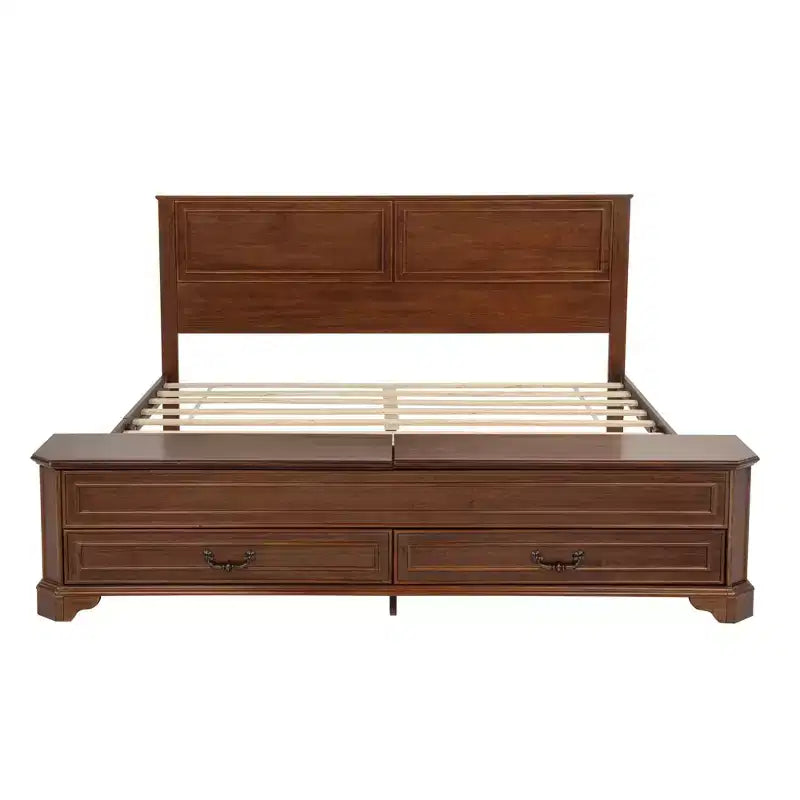 Lit queen size en pin style ferme GDFStudio Leonard avec banc de rangement et 2 grands tiroirs