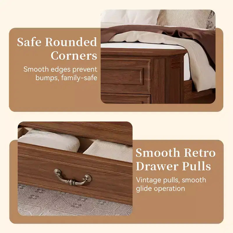 Lit queen size en pin style ferme GDFStudio Leonard avec banc de rangement et 2 grands tiroirs