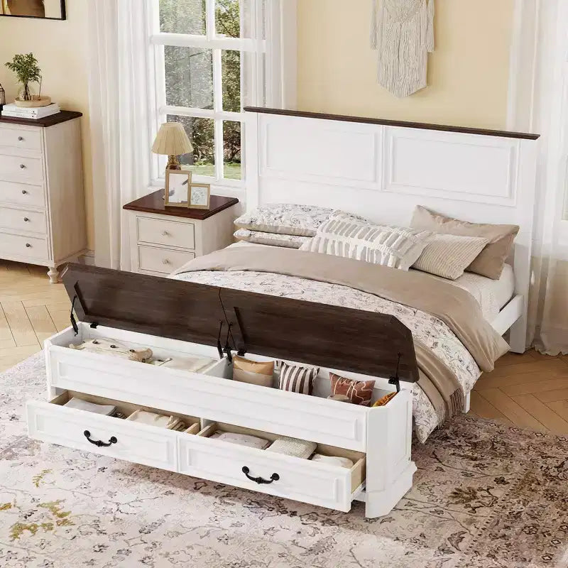Lit queen size en pin style ferme GDFStudio Leonard avec banc de rangement et 2 grands tiroirs