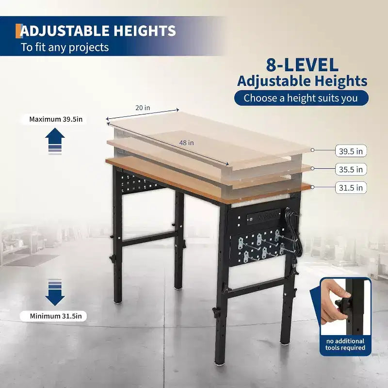 Établi en bois massif robuste de 122 cm avec prises de courant, capacité de 1 000 kg, hauteur réglable pour atelier, garage et usage commercial.