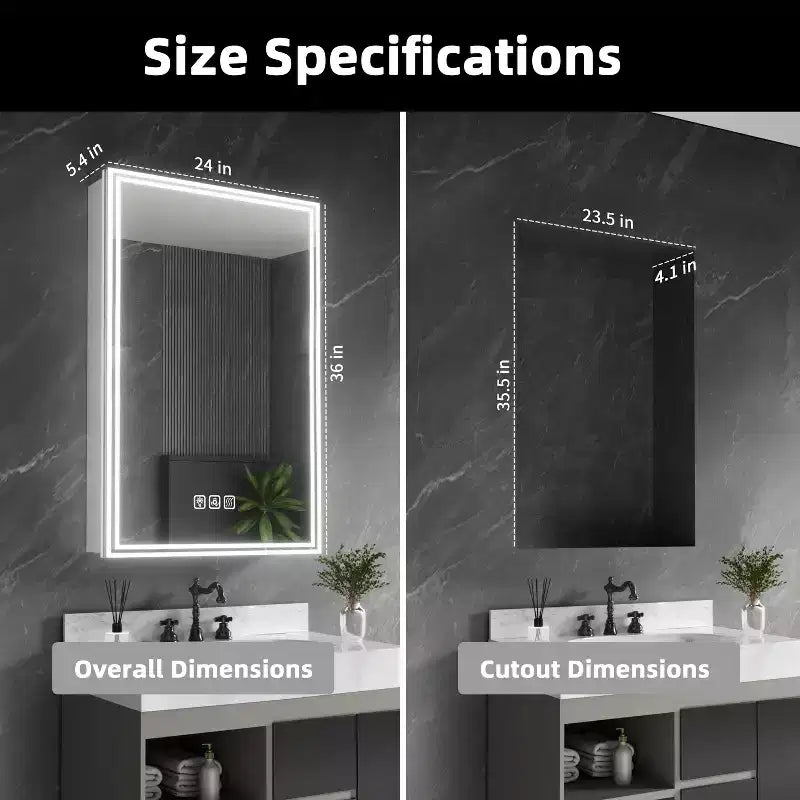 FAMYYT Armoire à pharmacie lumineuse en aluminium de 24 po L x 36 po H avec miroir, intensité variable, anti-buée, entièrement assemblée