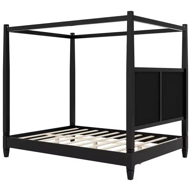 Lit à baldaquin plateforme ModernLuxe Queen/King Size avec tête de lit capitonnée, cadre de lit à quatre poteaux en bois massif avec support à lattes en bois
