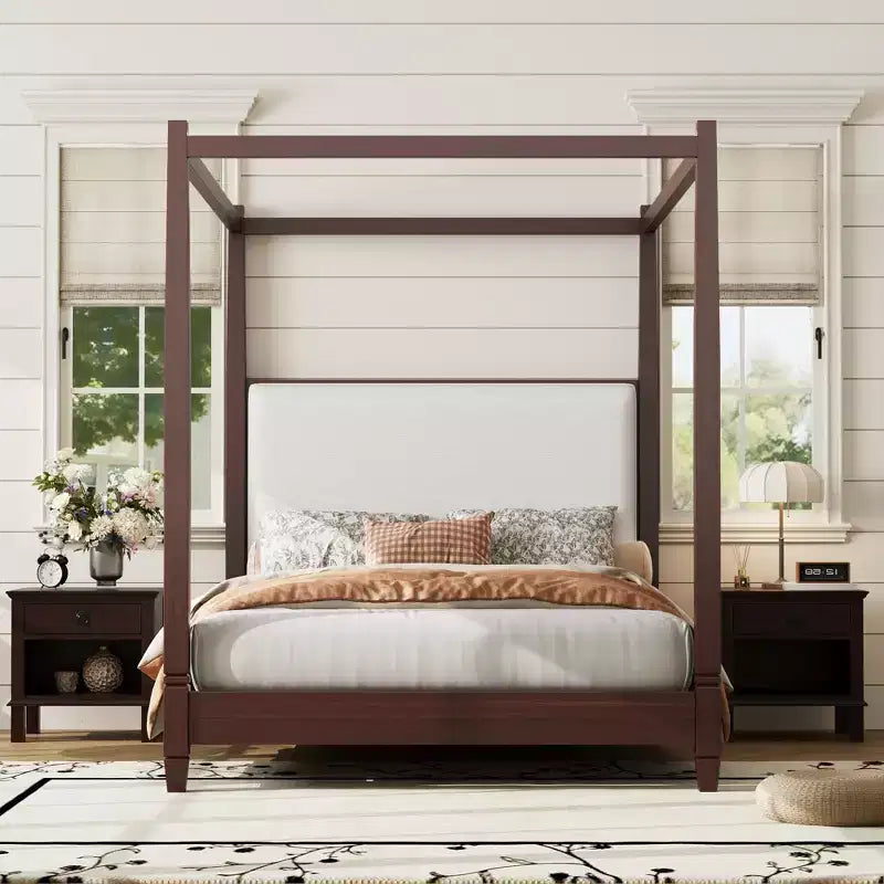 Lit à baldaquin plateforme ModernLuxe Queen/King Size avec tête de lit capitonnée, cadre de lit à quatre poteaux en bois massif avec support à lattes en bois