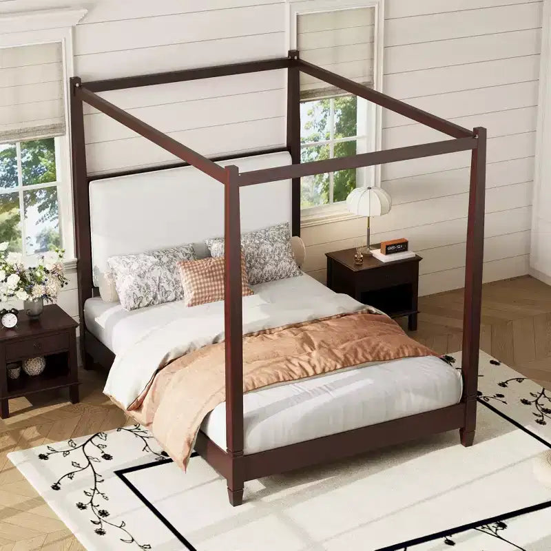 Lit à baldaquin plateforme ModernLuxe Queen/King Size avec tête de lit capitonnée, cadre de lit à quatre poteaux en bois massif avec support à lattes en bois
