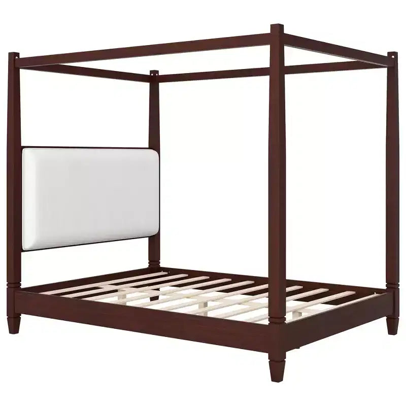 Lit à baldaquin plateforme ModernLuxe Queen/King Size avec tête de lit capitonnée, cadre de lit à quatre poteaux en bois massif avec support à lattes en bois