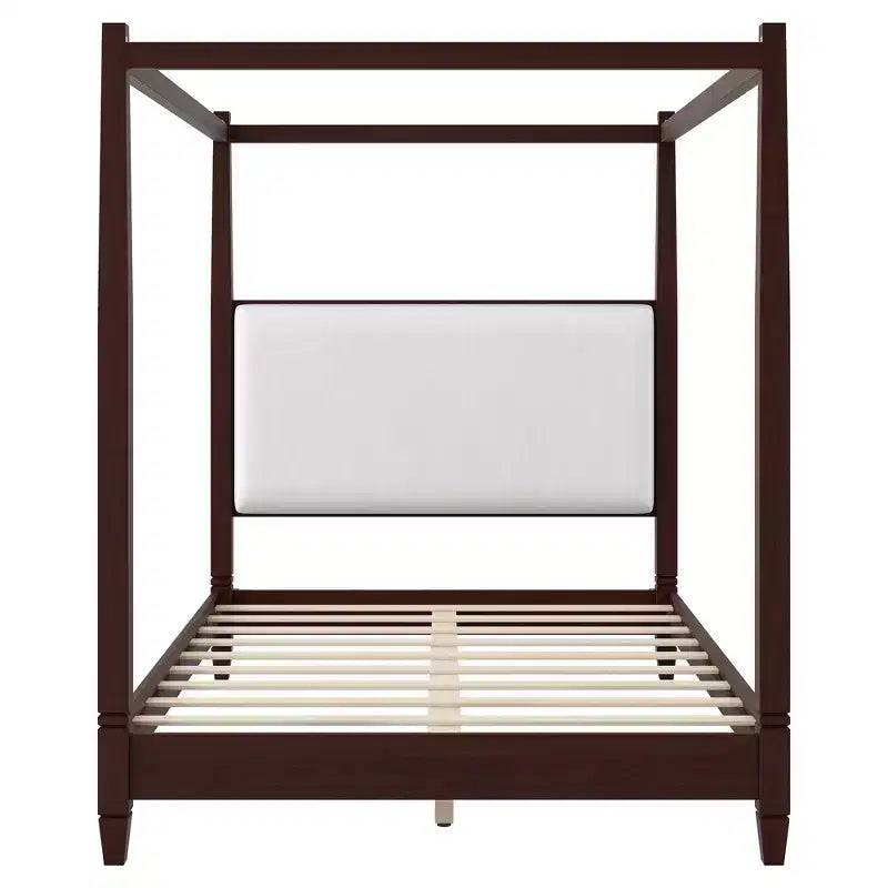 Lit à baldaquin plateforme ModernLuxe Queen/King Size avec tête de lit capitonnée, cadre de lit à quatre poteaux en bois massif avec support à lattes en bois
