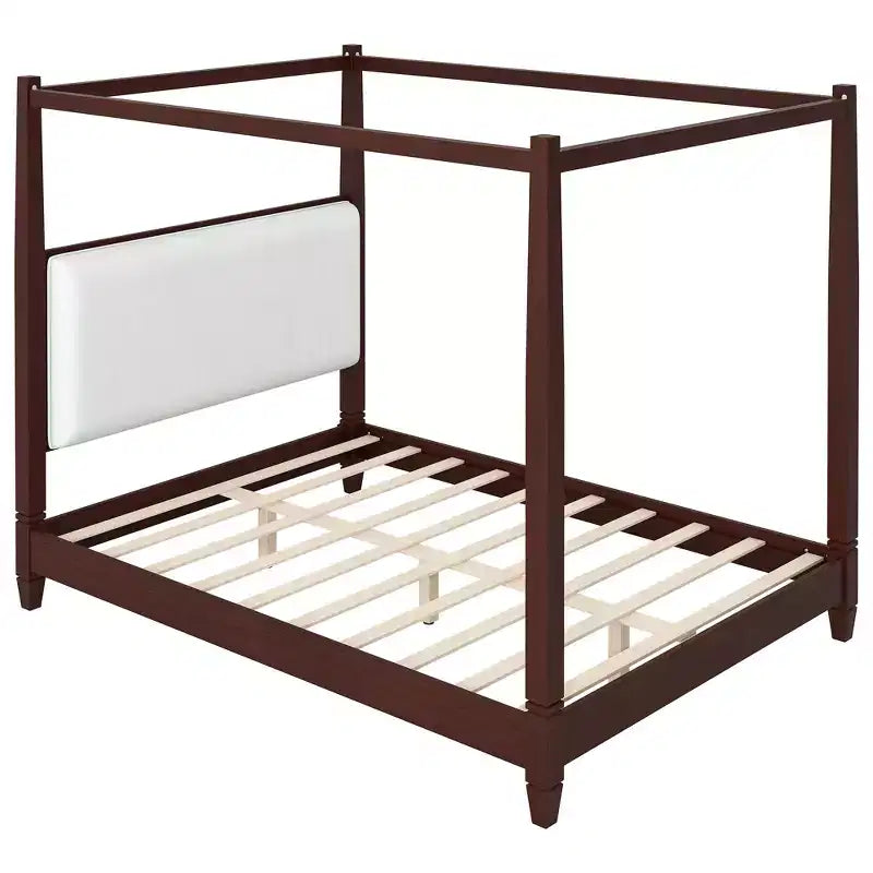 Lit à baldaquin plateforme ModernLuxe Queen/King Size avec tête de lit capitonnée, cadre de lit à quatre poteaux en bois massif avec support à lattes en bois