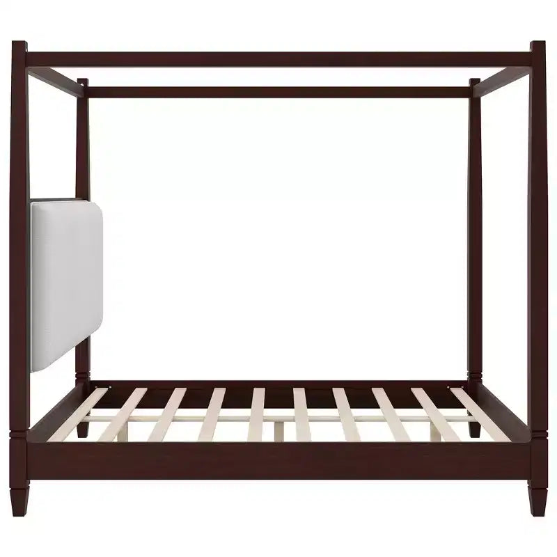 Lit à baldaquin plateforme ModernLuxe Queen/King Size avec tête de lit capitonnée, cadre de lit à quatre poteaux en bois massif avec support à lattes en bois