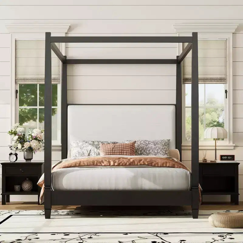 Lit à baldaquin plateforme ModernLuxe Queen/King Size avec tête de lit capitonnée, cadre de lit à quatre poteaux en bois massif avec support à lattes en bois