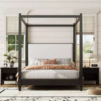 Lit à baldaquin plateforme ModernLuxe Queen/King Size avec tête de lit capitonnée, cadre de lit à quatre poteaux en bois massif avec support à lattes en bois