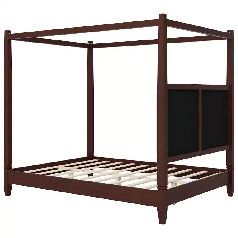 Lit à baldaquin plateforme ModernLuxe Queen/King Size avec tête de lit capitonnée, cadre de lit à quatre poteaux en bois massif avec support à lattes en bois