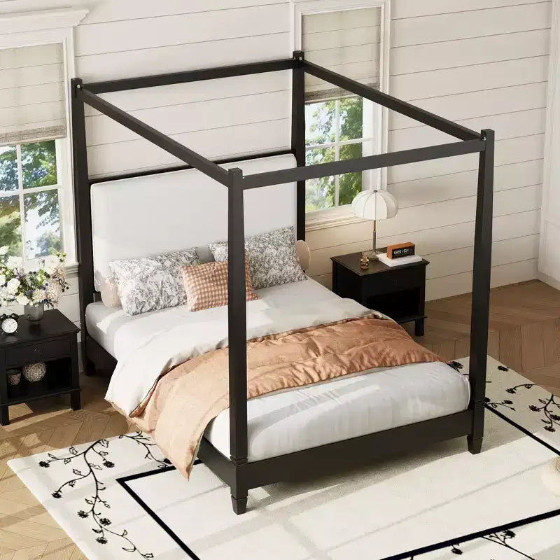 Lit à baldaquin plateforme ModernLuxe Queen/King Size avec tête de lit capitonnée, cadre de lit à quatre poteaux en bois massif avec support à lattes en bois