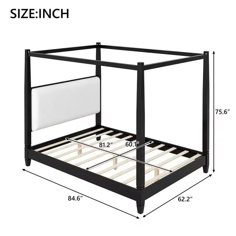 Lit à baldaquin plateforme ModernLuxe Queen/King Size avec tête de lit capitonnée, cadre de lit à quatre poteaux en bois massif avec support à lattes en bois