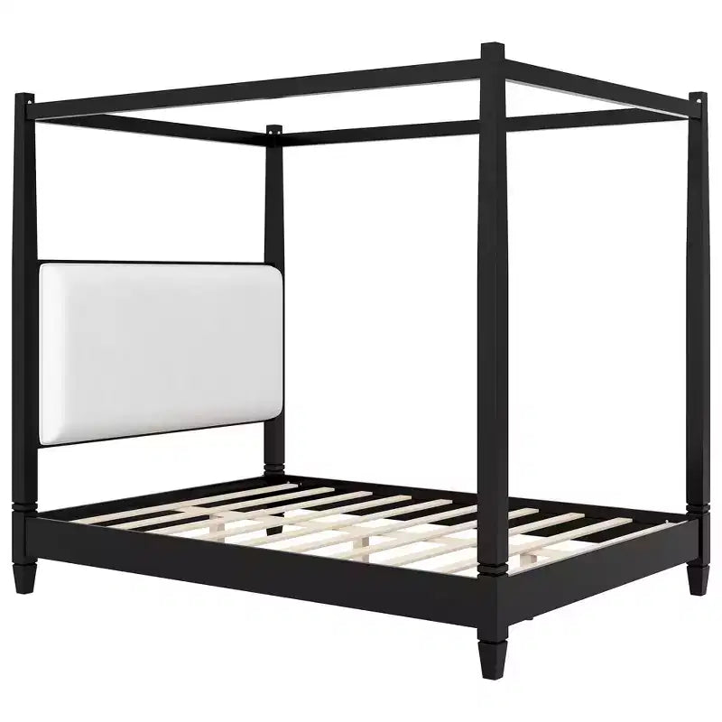 Lit à baldaquin plateforme ModernLuxe Queen/King Size avec tête de lit capitonnée, cadre de lit à quatre poteaux en bois massif avec support à lattes en bois