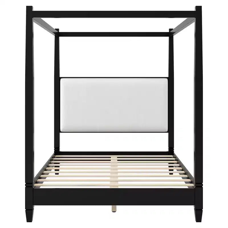Lit à baldaquin plateforme ModernLuxe Queen/King Size avec tête de lit capitonnée, cadre de lit à quatre poteaux en bois massif avec support à lattes en bois