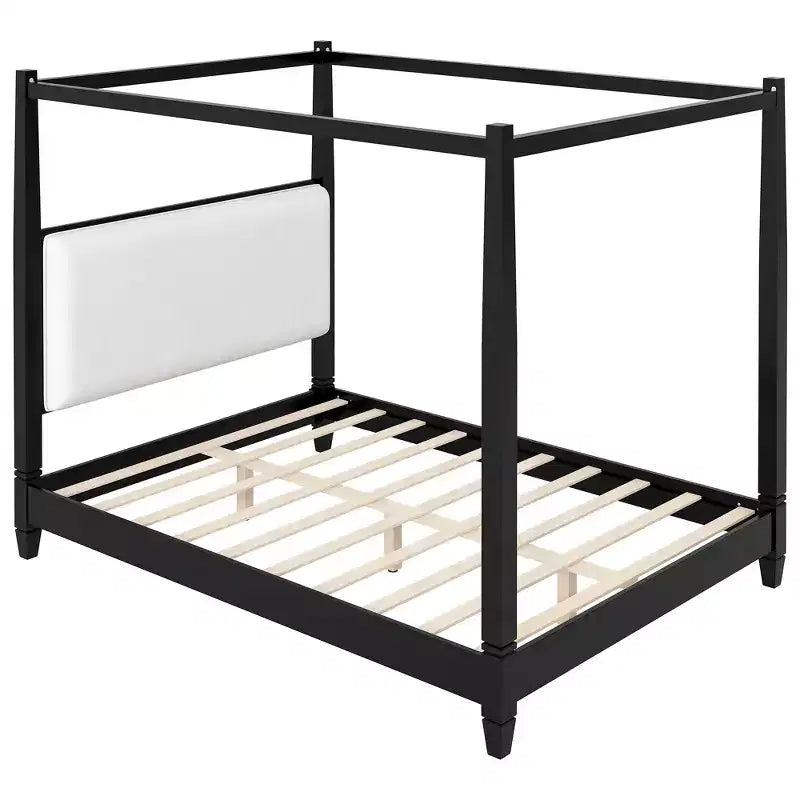 Lit à baldaquin plateforme ModernLuxe Queen/King Size avec tête de lit capitonnée, cadre de lit à quatre poteaux en bois massif avec support à lattes en bois
