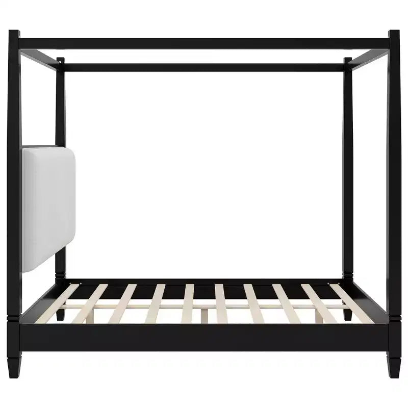 Lit à baldaquin plateforme ModernLuxe Queen/King Size avec tête de lit capitonnée, cadre de lit à quatre poteaux en bois massif avec support à lattes en bois