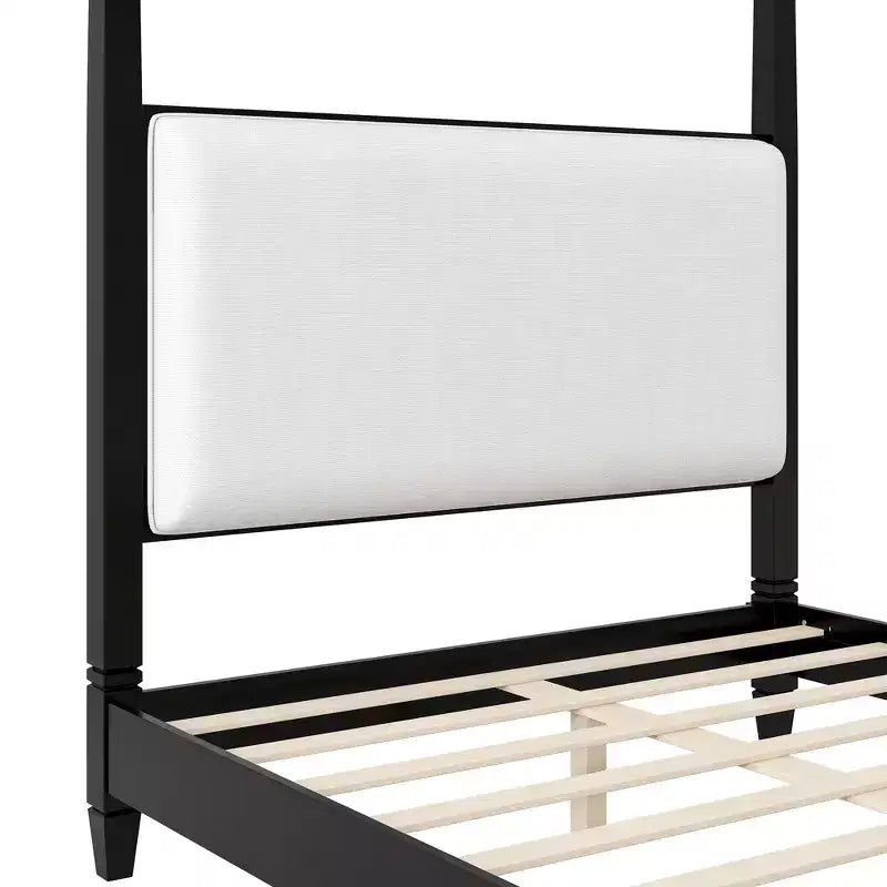 Lit à baldaquin plateforme ModernLuxe Queen/King Size avec tête de lit capitonnée, cadre de lit à quatre poteaux en bois massif avec support à lattes en bois