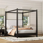 ModernLuxe Queen/King Size Canopy Platform Bed with Upholstered Headboard, Solid Wood Four Poster Bed Frame with Wooden Slats Support