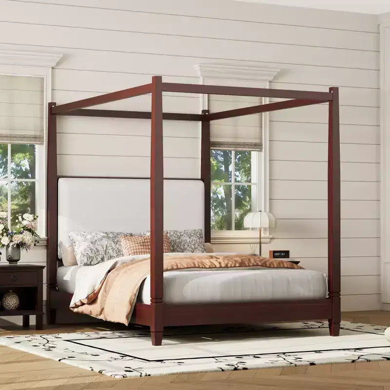 Lit à baldaquin plateforme ModernLuxe Queen/King Size avec tête de lit capitonnée, cadre de lit à quatre poteaux en bois massif avec support à lattes en bois
