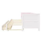 Lit de repos extensible ModernLuxe de taille jumeau XL à très grand lit avec 2 tiroirs, lit plateforme avec dossier rembourré et lit gigogne, blanc+rose