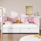 Lit de repos extensible ModernLuxe de taille jumeau XL à très grand lit avec 2 tiroirs, lit plateforme avec dossier rembourré et lit gigogne, blanc+rose