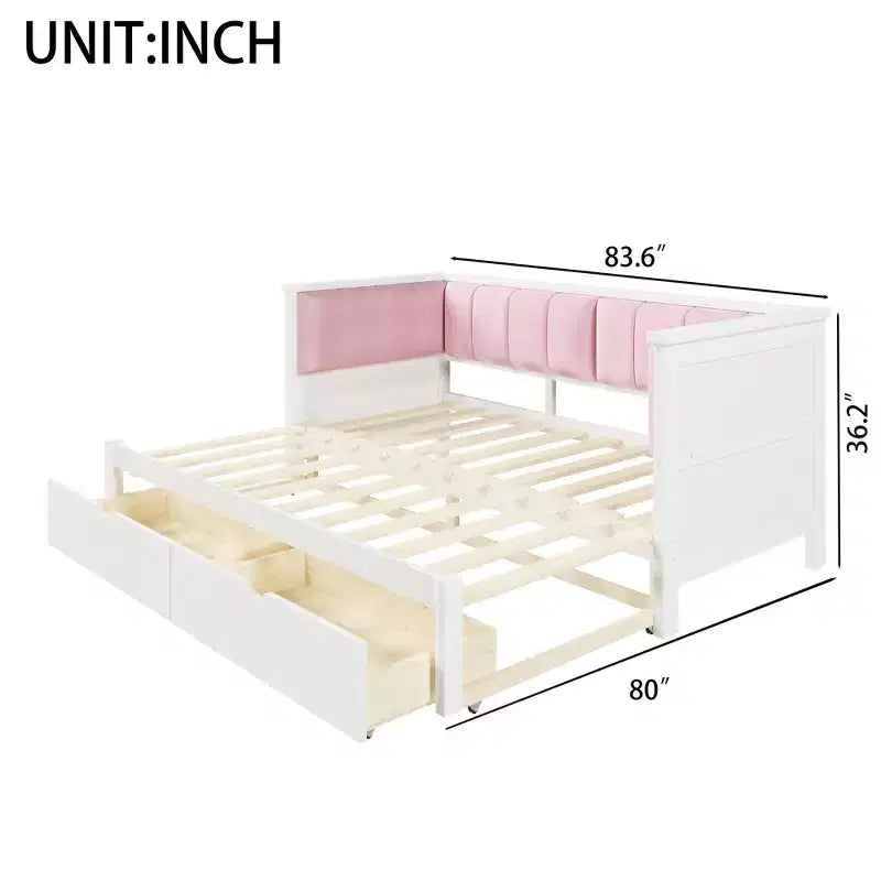 Lit de repos extensible ModernLuxe de taille jumeau XL à très grand lit avec 2 tiroirs, lit plateforme avec dossier rembourré et lit gigogne, blanc+rose